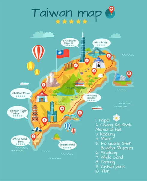 Taiwan Mapa com passeios turísticos Taipei Chiang Kai-Shek —  Vetores de Stock