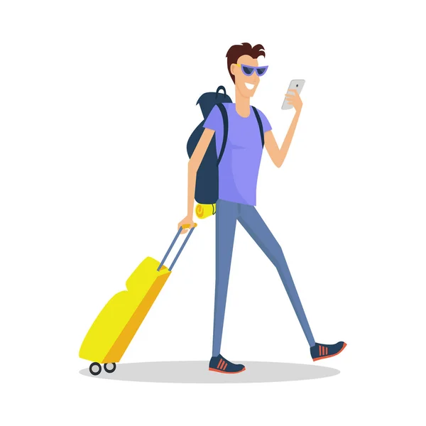 Man met bagage maakt Selfie. Zomervakantie — Stockvector