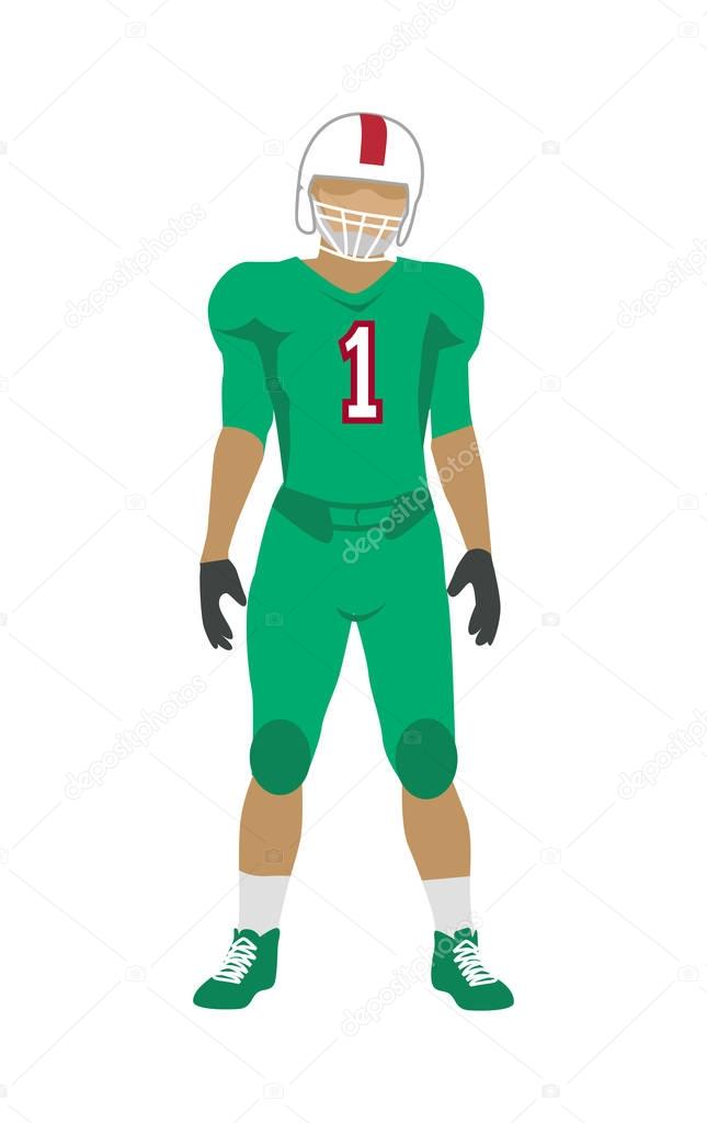 American football. Football player in green uniform, shoes and white helmet. Green football equipment. Sport team game. Cartoon icon of football player. American football sign. Sportsman logo. Vector