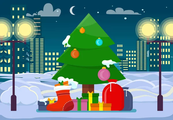 Geschmückter Weihnachtsbaum mit Geschenken im Freien — Stockvektor