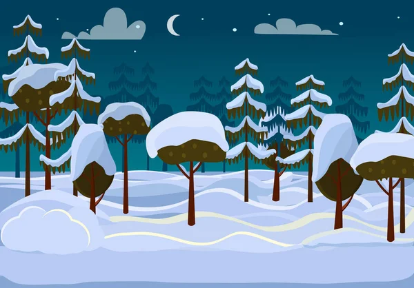 Forest. Evening. Different Trees Covered with Snow — Stock Vector