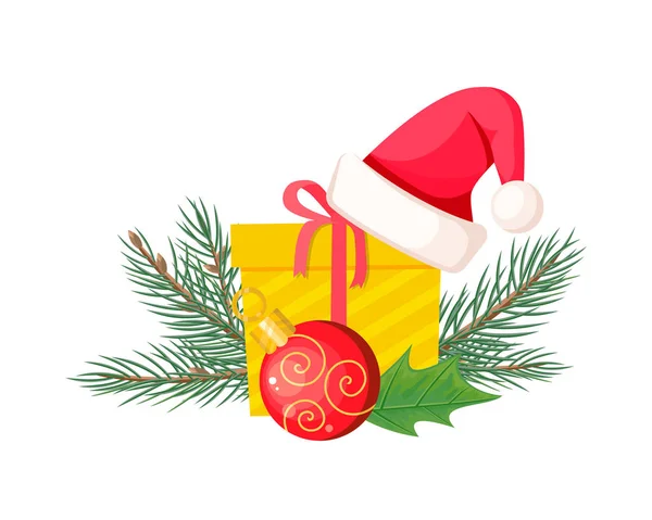 Babbo Natale su Giftbox vicino all'albero di Natale Evergreen — Vettoriale Stock
