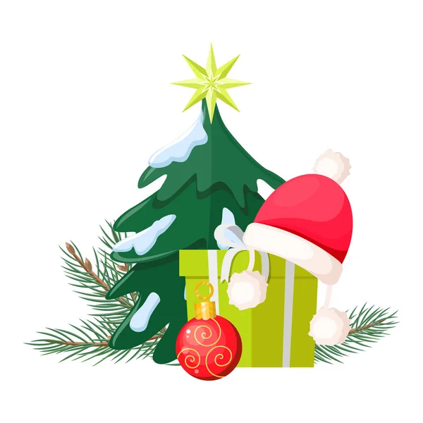 Árbol de Navidad cerca de Present Box y Santa Cap — Archivo Imágenes Vectoriales