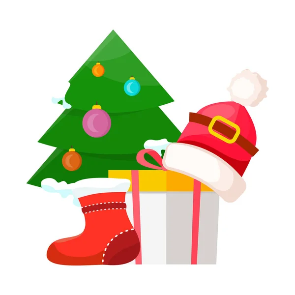 Árbol de Navidad cerca de Present Box y Santa Cap — Vector de stock