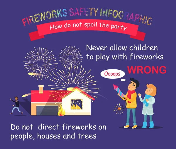 Infografica sicurezza fuochi d'artificio. Bambini con razzo — Vettoriale Stock