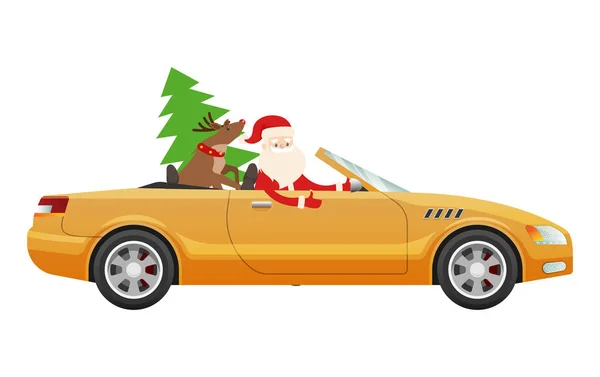 Weihnachtsmann fährt auf niedlichem Luxusauto mit Rentieren — Stockvektor