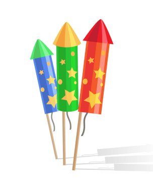 Beyaz arka plan üzerinde izole renkli patlayan roketler