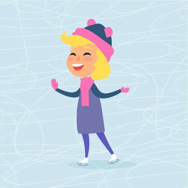 Persona femenina sonriente de dibujos animados en Icerink en invierno — Vector de stock