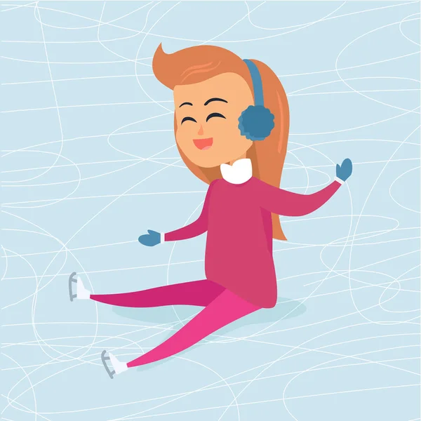 Chica de dibujos animados en auriculares azules se sienta en Icerink — Vector de stock