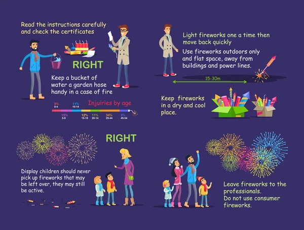 Instrucciones de imagen para el uso correcto de fuegos artificiales . — Vector de stock