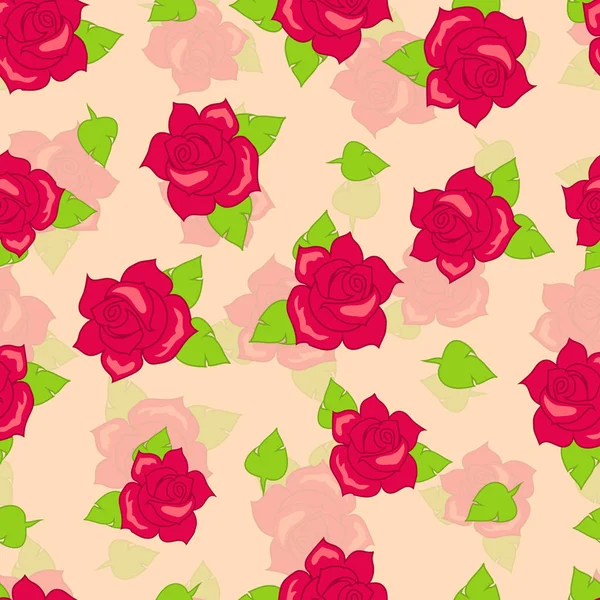 红玫瑰与绿色叶无缝模式向量 — 图库矢量图片
