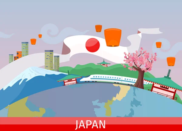 Atracciones turísticas japonesas Vector plano Concepto — Vector de stock