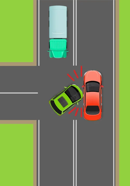 Botsing tussen auto's op de t-splitsing platte Vector Diagram — Stockvector