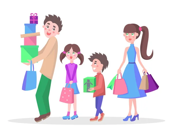 Família Compras Cartoon Plano Vetor Conceito —  Vetores de Stock