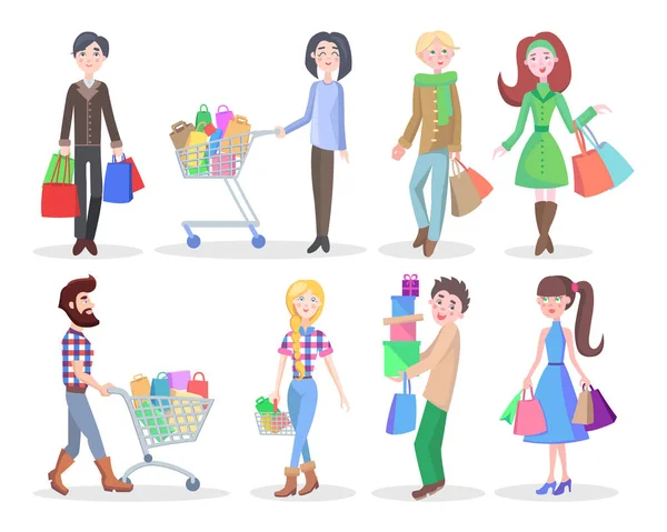 Shopping People Set di personaggi vettoriali piatti — Vettoriale Stock