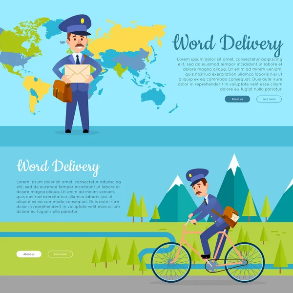World Delivery. Set of Two Pictures with Postmen — Stock Vector