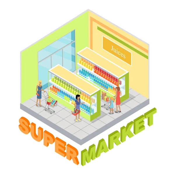 Departamento de jugos de supermercado Vector isométrico — Vector de stock