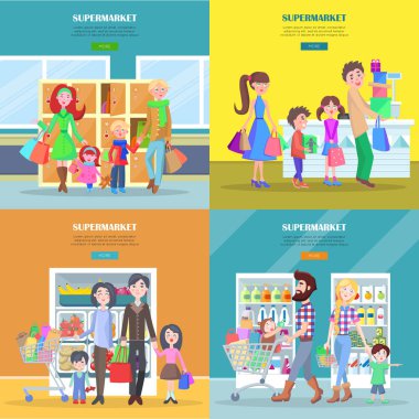 Mutlu aile büyük süpermarket alışveriş var.