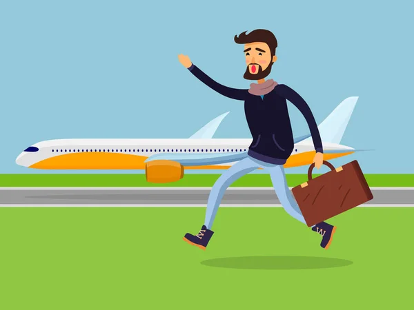 Mann mit Koffer rennt zu Passagierflugzeug. — Stockvektor