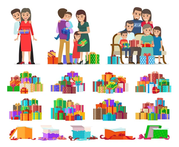 Conjunto de personas que dan cajas de regalo y regalos . — Archivo Imágenes Vectoriales