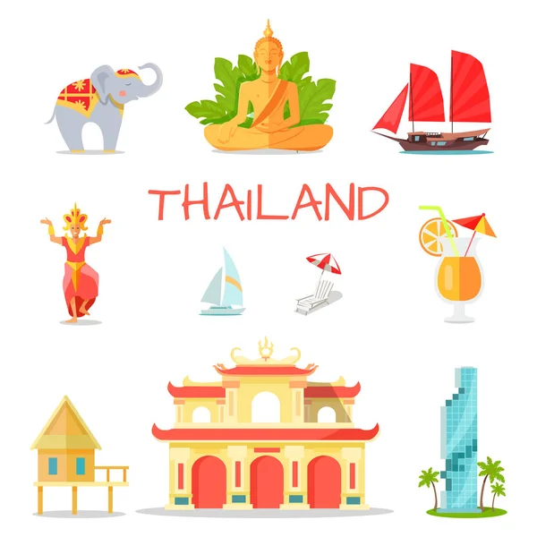 Набор икон с национальными символами Таиланда — стоковый вектор