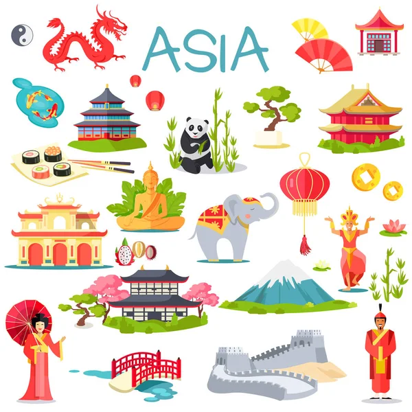 Asia Collection of Symbolic Elements on White — Stock Vector