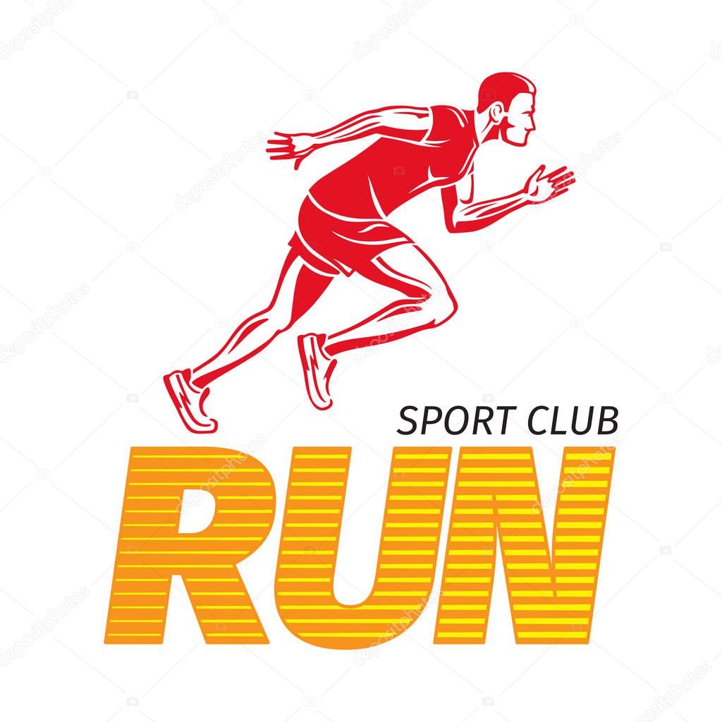 Run sport club logotype with motto credo for fitness center. Red running sportsman logo on white. Fitness keeps fit sport lifestyle vector illustration. Strong body of fast jogging man in flat style