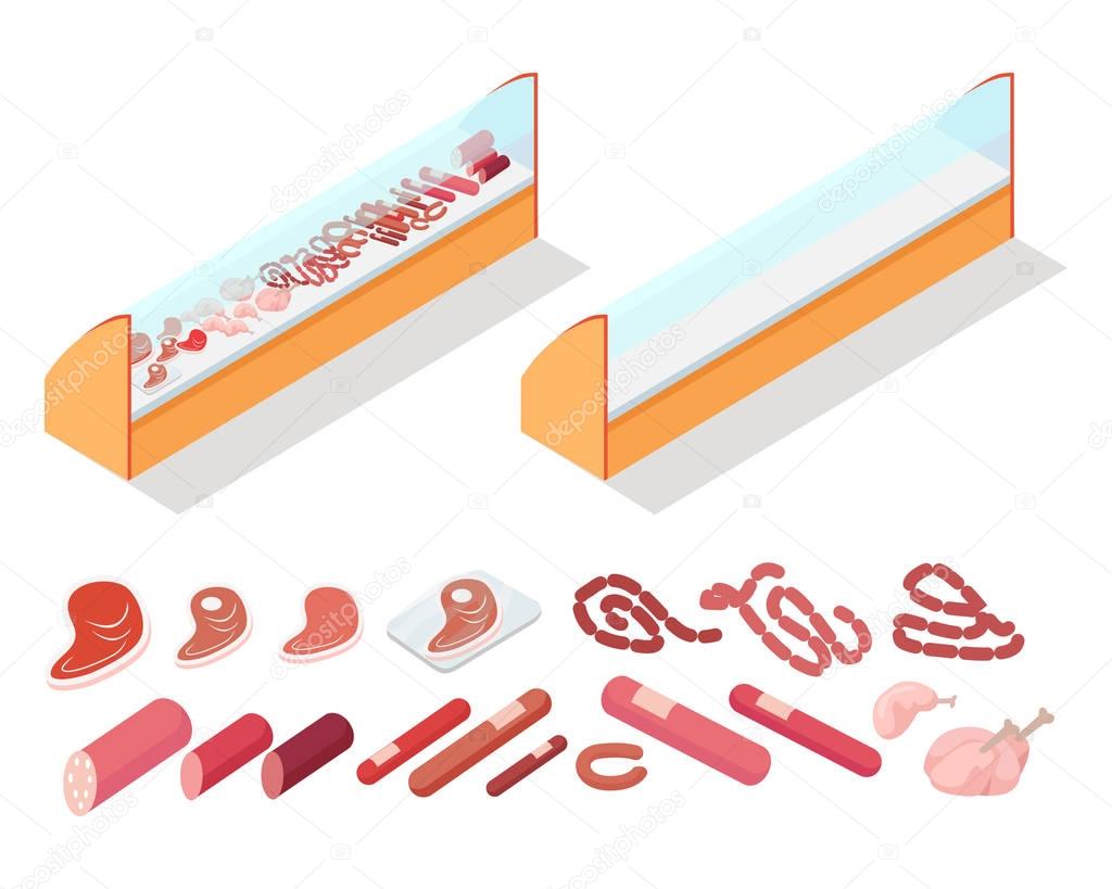 Meat in Groceries Showcase Isometric Vector