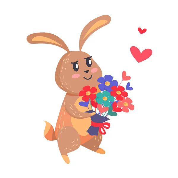 Bunny with Bouquet of Flowers Isolated on White. — Stock Vector