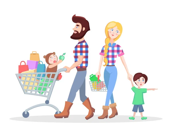 Familia de compras de dibujos animados plana Vector Concepto — Vector de stock