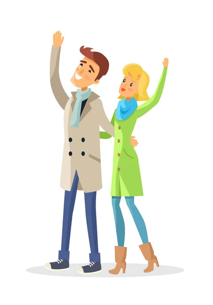Couple in Warm Winter Clothes Looks up in the Sky. — Stock Vector