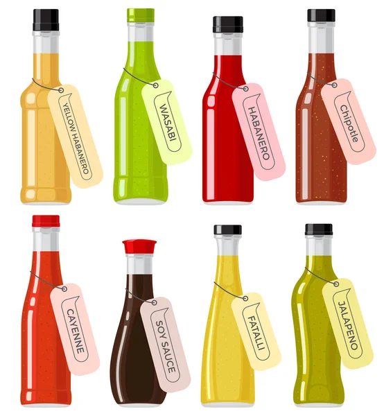 Tipos de salsa oriental en botellas transparentes de vidrio — Vector de stock