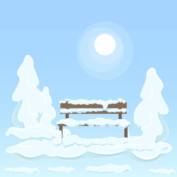 Drewniana Ławka na białym tle pod śniegiem między drzewami — Wektor stockowy