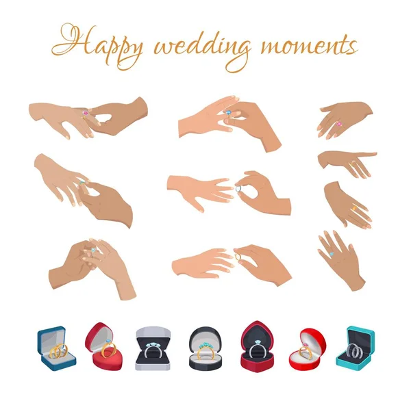 Happy Wedding Moments Anelli sulla collezione Fingers — Vettoriale Stock