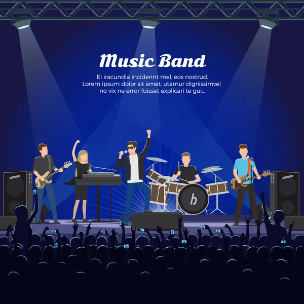 Music Band on Stage and Many Spectators Underneath — Stock Vector