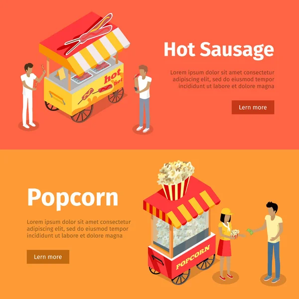 Hot Sausage and Popcorn Mobile Umbrella Carts — Stock Vector
