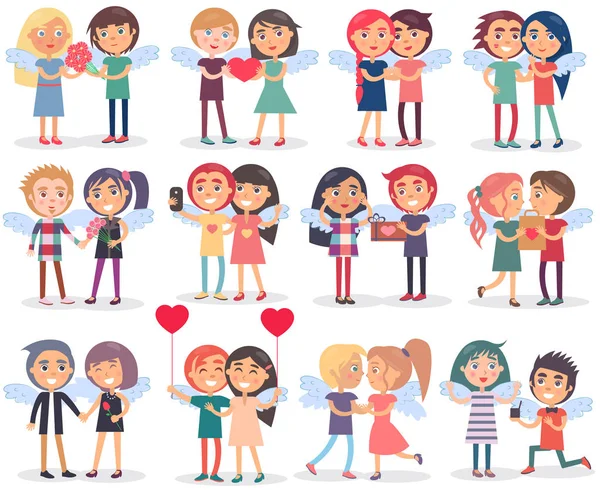 Couples on Valentine s Day on White Background — Stock Vector