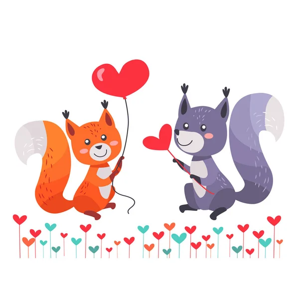 Η αλεπού με σκίουρος λάτρεις και μπαλόνι σε σχήμα καρδιάς — Διανυσματικό Αρχείο
