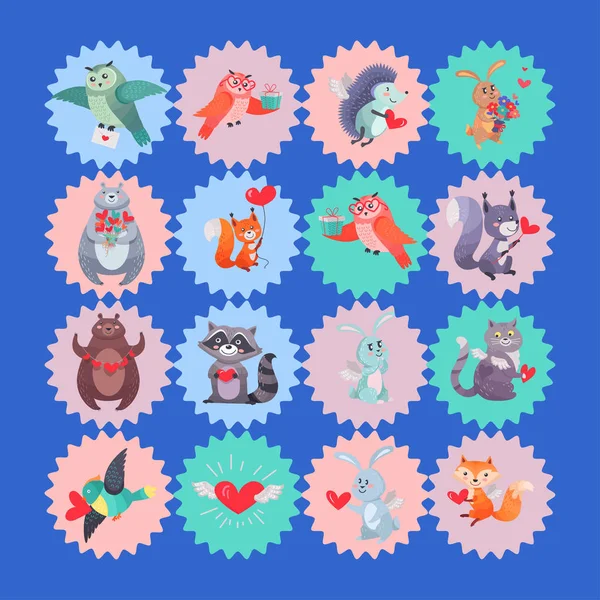 Set of Vector Icons with Cartoon Animal Cupids — Stock Vector