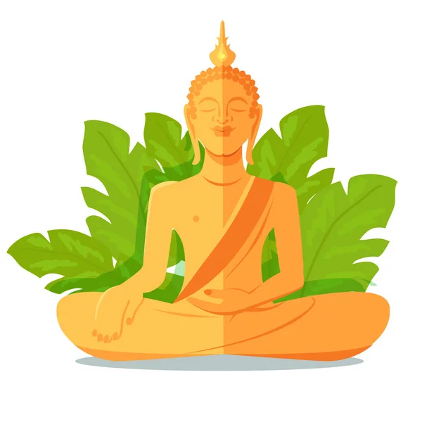 Arany Buddha-szobor előtt nagy zöld levelek — Stock Vector