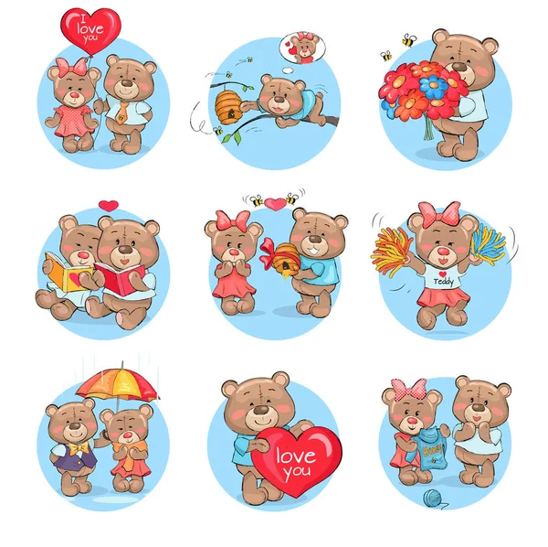 Loving Cartoon Bears Set de iconos vectoriales planos — Vector de stock