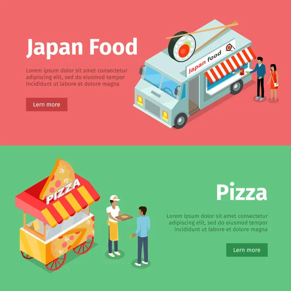 Japón Carritos móviles de comida y pizza con comida callejera — Vector de stock