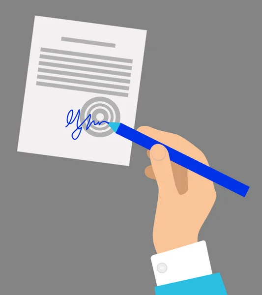 Kézzel, tollal, a szürke háttér dokumentum aláírása — Stock Vector
