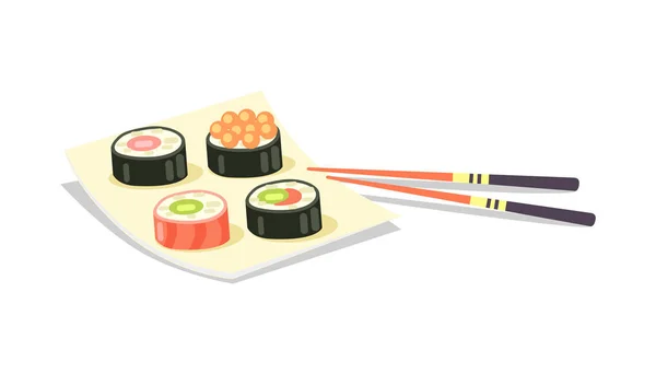 Set de sushi y palillos cerca sobre fondo blanco — Vector de stock