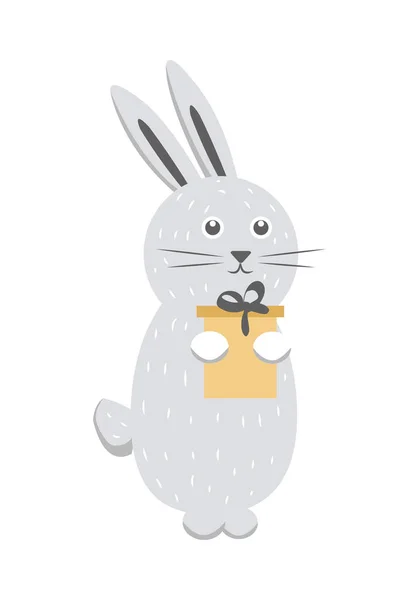 Conejo gris con caja de regalo aislado en vector blanco — Vector de stock