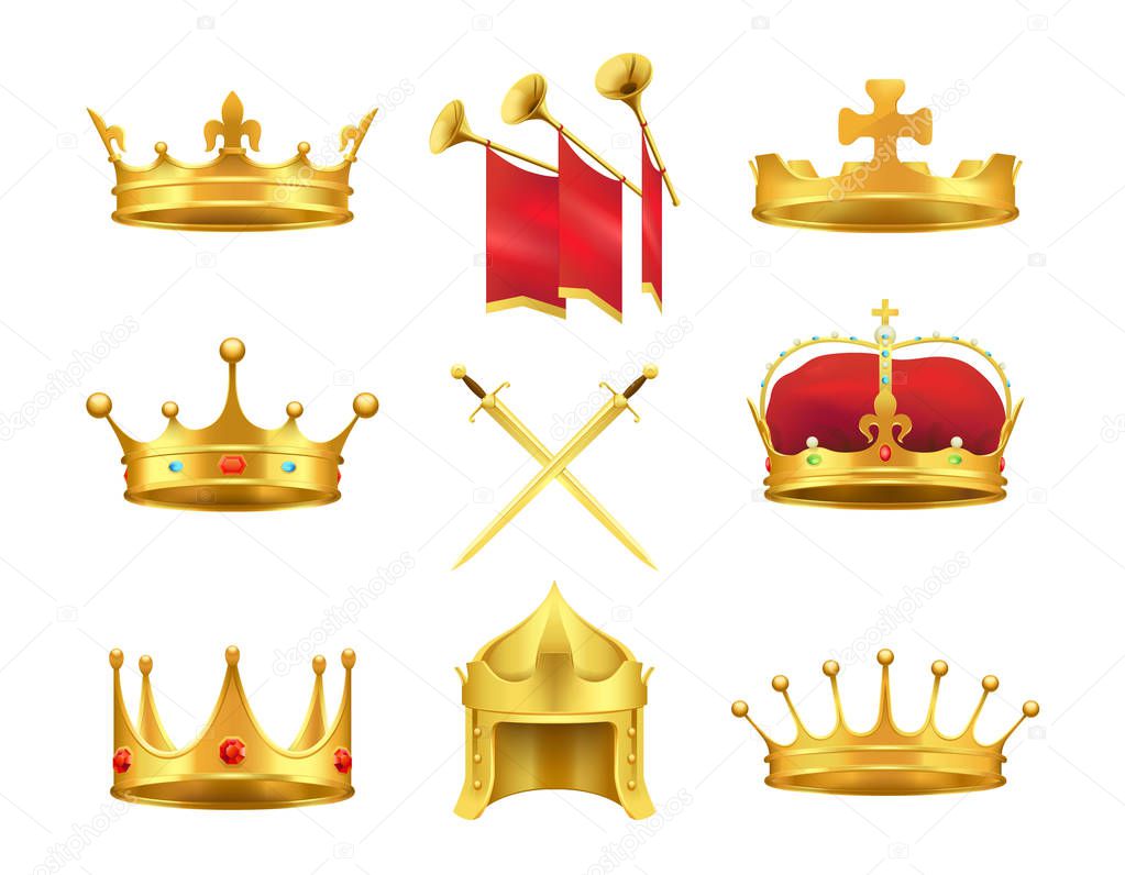 Golden ancient crowns and swords set on white. Vector illustration of caps made of gold with and without precious stones, crossed sword in centre and pipes with red clothing above in flat design