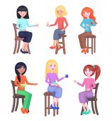 Young Women Seating on Chairs Flat Vector Set