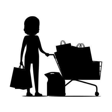 Alışveriş sepeti yakınındaki paketleriyle kadın siluet