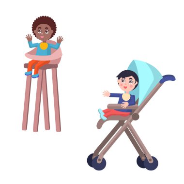 Küçük bebekler bebek arabası ve mama sandalyesi vektörel çizimler