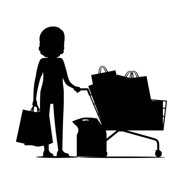 Silueta femenina con paquetes cerca del carrito de compras — Vector de stock